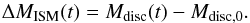 \begin{equation} \Delta M_{\rm ISM}(t) = M_{\rm disc}(t) - M_{\rm disc,0}. \label{eq:deltaM_param} \end{equation}