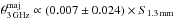 \hbox{$\theta_{\rm 3\, GHz}^{\rm maj} \propto (0.007 \pm 0.024)\times S_{\rm 1.3\, mm}$}