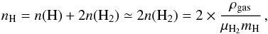 \appendix \setcounter{section}{4} \begin{equation} n_{\rm H}=n({\rm H})+2n({\rm H}_2)\simeq 2n({\rm H}_2)=2\times \frac{\rho_{\rm gas}}{\mu_{\rm H_2} m_{\rm H}}\,, \end{equation}