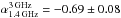 \hbox{$\alpha_{\rm 1.4\, GHz}^{\rm 3\, GHz}= -0.69\pm0.08$}