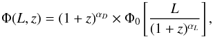 \begin{equation} \label{eq:lfevolv} \Phi(L,z) = (1+z)^{\alpha_D} \times \Phi_{0}\left[ \frac{L}{(1+z)^{\alpha_L}} \right], \end{equation}