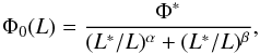 \begin{equation} \label{eq:locallf} \Phi_0(L) = \dfrac{\Phi^*}{(L^*/L)^\alpha + (L^*/L)^\beta}, \end{equation}