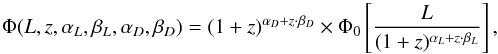 \begin{equation} \label{eq:lfevolvcont} \Phi(L,z, \alpha_L, \beta_L, \alpha_D, \beta_D) = (1+z)^{\alpha_D+z\cdot\beta_D}\times\Phi _{0} \left[ \frac{L}{(1+z)^{\alpha_L+z\cdot\beta_L}}\right], \end{equation}