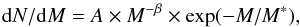 \begin{equation} {\rm d}N/{\rm d}M = A \times M^{-\beta} \times \exp (-M/M^{*}), \label{eq:Schechter_MF} \end{equation}