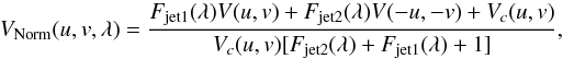 \begin{equation} V_{\rm Norm}(u,v,\lambda) =\frac{F_{\rm jet1}(\lambda) V(u,v) + F_{\rm jet2}(\lambda) V(-u,-v) + V_c(u,v)}{V_c(u,v)[F_{\rm jet2}(\lambda) + F_{\rm jet1}(\lambda) + 1]} \label{eqmodel} , \end{equation}