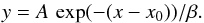 \begin{equation} y = A\, \exp (-(x - x_{\rm{0}}))/\beta. \label{exp} \end{equation}