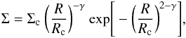 \begin{equation} \Sigma=\Sigma_{\rm c}~\bigg(\frac{R}{R_{\rm c}}\bigg)^{-\gamma}~{\rm exp}\Bigg[-\bigg(\frac{R}{R_{\rm c}}\bigg)^{2-\gamma}\Bigg],\label{Equ:sigma} \end{equation}