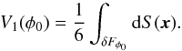 \appendix \setcounter{section}{1} \begin{equation} \label{mf1} V_1(\phi_0)=\frac16\int_{\delta F_{\phi_0}}\mathrm{d}S(\vec{x}) . \end{equation}