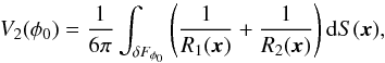 \appendix \setcounter{section}{1} \begin{equation} \label{mf2} V_2(\phi_0)=\frac1{6\pi}\int_{\delta F_{\phi_0}} \left(\frac1{R_1(\vec{x})}+\frac1{R_2(\vec{x})}\right)\mathrm{d}S(\vec{x}) , \end{equation}