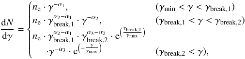\begin{equation} \label{eq:electrondistr} \frac{{\rm d}N}{{\rm d}\gamma} = \begin{cases} n_{\rm e} \cdot \gamma^{-\alpha_1}, & (\gamma_{\text{min}} < \gamma < \gamma_{\text{break},1})\\ n_{\rm e} \cdot \gamma_{\text{break},1}^{\alpha_2-\alpha_1} \cdot \gamma^{-\alpha_2}, & ( \gamma_{\text{break},1}< \gamma < \gamma_{\text{break},2})\\ n_{\rm e} \cdot \gamma_{\text{break},1}^{\alpha_2-\alpha_1} \cdot \gamma_{\text{break},2}^{\alpha_3-\alpha_2} \cdot {\rm e}^{\left(\frac{\gamma_{\text{break},2}}{\gamma_{\text{max}}}\right)} \\ \;\;\;\;\; \cdot \gamma^{-\alpha_3} \cdot {\rm e}^{\left(-\frac{\gamma}{\gamma_{\text{max}}}\right)}& (\gamma_{\text{break},2}<\gamma), \end{cases} \end{equation}