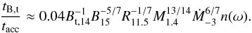 \begin{eqnarray} {t_{\rm B,t}\over t_{\rm acc}}\approx 0.04 B_{\rm t,14}^{-1} B_{15}^{-5/7}R_{11.5}^{-1/7}M_{1.4}^{13/14}\dot M_{-3}^{6/7} n(\omega). \label{accovergw} \end{eqnarray}