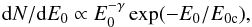 \begin{equation} {\rm d}N/{\rm d}E_{0} \propto E_{0}^{-\gamma} \exp(-E_{0}/E_{\rm 0c}), \label{eqn11} \end{equation}