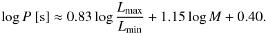 \begin{equation} \log P ~ [{\rm s}] \approx 0.83 \log \frac{ L_{\rm max}}{ L_{\rm min}} + 1.15 \log M + 0.40. \label{eq:20160713} \end{equation}