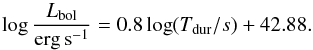 \begin{equation} \log (T_{\rm dur}/s) = (1.15 - 1.2(\mu - 3/7)) \log M + 0.83 \log A - 1.9\mu + 0.83. \label{eq:160824} \end{equation}