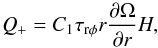 \begin{equation} Q_{+} = C_1 \tau_{\rm r \phi} r \frac{\partial \Omega}{\partial r} H, \label{eq:qplus} \end{equation}