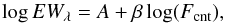 \begin{equation} \log EW_{\lambda}=A + \beta \log(F_{\rm cnt}), \label{eq:fit} \end{equation}