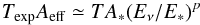 \begin{equation} T_{\rm exp}A_{\rm eff}\simeq TA_*(E_\nu/E_*)^{p} \end{equation}