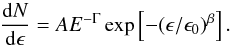 \begin{equation} \frac{{\rm d}N}{{\rm d} \epsilon} = A E^{-\Gamma} \exp\left[-(\epsilon/\epsilon_0)^{\beta}\right] . \label{spectrum} \end{equation}