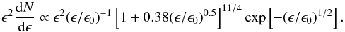 \begin{equation} \epsilon^2\frac{{\rm d}N}{{\rm d} \epsilon} \propto \epsilon^2 (\epsilon/\epsilon_0)^{-1} \left[1+0.38 (\epsilon/\epsilon_0)^{0.5}\right]^{11/4} \exp\left[-(\epsilon/\epsilon_0)^{1/2}\right] . \label{shape} \end{equation}