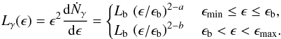 \begin{equation} L_\gamma (\epsilon) = \epsilon^2\frac{{\rm d} \dot{N}_\gamma}{{\rm d} \epsilon} = \begin{cases} L_{\rm b} \, \left( {\epsilon}/{\epsilon_{\rm b}}\right)^{2-a} \quad \epsilon_{\rm min}\le\epsilon\le\epsilon_{\rm b},\\ L_{\rm b} \, \left( {\epsilon}/{\epsilon_{\rm b}}\right)^{2-b} \quad \epsilon_{\rm b}<\epsilon<\epsilon_{\rm max}. \end{cases} \label{eq:phot_spec} \end{equation}