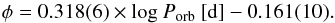 \begin{equation} \phi = 0.318(6) \times {\rm log}\:P_{\rm orb}\: {\rm [d]} - 0.161(10). \end{equation}