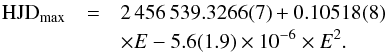 \begin{eqnarray} {\rm HJD_{\rm max}} &=& 2\,456\,539.3266(7) + 0.10518(8)\nonumber \\ &&\times E - 5.6(1.9) \times 10^{-6} \times E^2. \label{eq:MNDra_OCsq1} \end{eqnarray}