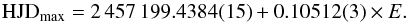 \begin{equation} {\rm HJD_{\rm max}} = 2\,457\,199.4384(15) + 0.10512(3) \times E. \label{eq:MNDra_OC_Max2} \end{equation}