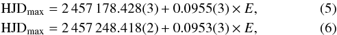 \begin{eqnarray} &&{\rm HJD_{\rm max}} = 2\,457\,178.428(3) + 0.0955(3) \times E, \label{eq:MNDra_OC_NO1} \\ &&{\rm HJD_{\rm max}} = 2\,457\,248.418(2) + 0.0953(3) \times E, \label{eq:MNDra_OC_NO2} \end{eqnarray}