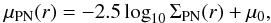 \begin{equation} \mu_{\mathrm{PN}}(r) = -2.5\log_{10}\Sigma_{\mathrm{PN}}(r) + \mu_0, \label{eqn:density} \end{equation}