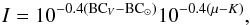 \begin{equation} I = 10^{-0.4(\mathrm{BC}_V - \mathrm{BC}_{\odot})}10^{-0.4(\mu - K)}, \end{equation}