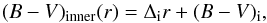 \begin{equation} (B - V)_{\mathrm{inner}}(r) = \Delta_{\mathrm{i}}r + (B - V)_{\mathrm{i}}, \end{equation}