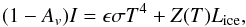 \begin{equation} (1-A_{v}) I = \epsilon \sigma T^{4} + Z(T) L_{\rm ice}, \label{eq:z} \end{equation}