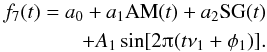\begin{eqnarray} \begin{split} f_7(t) = a_0 + a_1 \text{AM}(t) + a_2 \text{SG}(t) \\ + A_1 \sin[2\piup(t\nu_1 + \phi_1)]. \label{eq:detrending7} \end{split} \end{eqnarray}