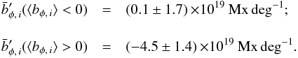 \begin{eqnarray*} \bar{b}_{\phi,\,i}' (\langle b_{\phi,\,i}\rangle<0) &=& (0.1 \pm 1.7)\,\mathrm{\times 10^{19}~Mx\,deg^{-1}};\\[3mm] \bar{b}_{\phi,\,i}' (\langle b_{\phi,\,i}\rangle>0) &=& (-4.5 \pm 1.4)\,\mathrm{\times 10^{19}~Mx\,deg^{-1}}. \end{eqnarray*}