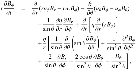 \appendix \setcounter{section}{1} \begin{eqnarray} r\frac{\partial B_\phi}{\partial t} &= &\frac{\partial}{\partial r} (r u_\phi B_{r}-r u_{\rm r}B_\phi)- \frac{\partial}{\partial\theta}(u_\theta B_\phi - u_\phi B_\theta)\nonumber\\ &&\quad-\frac{1}{\sin\theta}\frac{\partial\eta}{\partial r}\frac{\partial B_{r}}{\partial\phi} +\frac{\partial}{\partial r}\left[\eta\frac{\partial}{\partial r}(r B_\phi)\right]\nonumber\\ &&\quad+ \frac{\eta}{r}\left[\frac{1}{\sin\theta}\frac{\partial}{\partial\theta}\left(\sin\theta\frac{\partial B_\phi}{\partial\theta}\right)+\frac{1}{\sin^2\theta}\frac{\partial^2B_\phi}{\partial\phi^2}\right.\nonumber\\ &&\quad+\left.\frac{2}{\sin\theta}\frac{\partial B_{r}}{\partial\phi}+\frac{2\cos\theta}{\sin^2\theta}\frac{\partial B_\theta}{\partial\phi}-\frac{B_\phi}{\sin^2\theta}\right],\label{eq:indphi} \end{eqnarray}