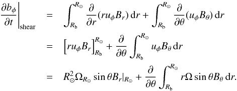 \appendix \setcounter{section}{1} \begin{eqnarray} \left.\frac{\partial b_\phi}{\partial t}\right|_{\rm shear} &=& \int_{R_{\rm b}}^{R_\odot} \frac{\partial}{\partial r}(r u_\phi B_{r})\,\mathrm{d}r + \int_{R_{\rm b}}^{R_\odot} \frac{\partial}{\partial\theta}(u_\phi B_\theta)\,\mathrm{d}r\nonumber \\ &=& \left[r u_\phi B_{r} \right]_{R_{\rm b}}^{R_\odot} + \frac{\partial}{\partial\theta}\int_{R_{\rm b}}^{R_\odot}u_\phi B_\theta\,\mathrm{d}r\nonumber\\ &=& R_\odot^2\Omega_{R_\odot}\sin\theta B_{r}|_{R_\odot}+ \frac{\partial}{\partial\theta}\int_{R_{\rm b}}^{R_\odot}r\Omega\sin\theta B_\theta\,\mathrm{d}r.\label{eq:shear1} \end{eqnarray}