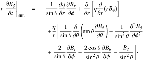 \appendix \setcounter{section}{1} \begin{eqnarray} r\left.\frac{\partial B_\phi}{\partial t}\right|_{\rm diff.} &=&-\frac{1}{\sin\theta}\frac{\partial\eta}{\partial r}\frac{\partial B_{r}}{\partial\phi} +\frac{\partial}{\partial r}\left[\eta\frac{\partial}{\partial r}(r B_\phi)\right]\nonumber\\[2mm] &&\quad+ \frac{\eta}{r}\left[\frac{1}{\sin\theta}\frac{\partial}{\partial\theta}\left(\sin\theta\frac{\partial B_\phi}{\partial\theta}\right)+\frac{1}{\sin^2\theta}\frac{\partial^2B_\phi}{\partial\phi^2}\right.\nonumber\\[2mm] &&\quad+\left.\frac{2}{\sin\theta}\frac{\partial B_{r}}{\partial\phi}+\frac{2\cos\theta}{\sin^2\theta}\frac{\partial B_\theta}{\partial\phi}-\frac{B_\phi}{\sin^2\theta}\right]\cdot \label{eq:diff1} \end{eqnarray}
