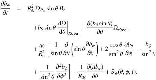 \appendix \setcounter{section}{1} \begin{eqnarray} \frac{\partial b_\phi}{\partial t} & =& R_\odot^2\,\Omega_{R_\odot} \sin\theta\, B_{r} \nonumber\\[2mm] && \quad+ b_\theta\sin\theta \left.\frac{\mathrm{d}\Omega}{\mathrm{d}\theta}\right|_{R_{\rm NSSL}} + \frac{\partial (b_\theta\sin\theta)}{\partial\theta}\Omega_{R_{\rm NSSL}} \nonumber\\[2mm] &&\quad + \frac{\eta_0}{R_\odot^2}\left[\frac{1}{\sin\theta}\frac{\partial}{\partial\theta}\left(\sin\theta\frac{\partial b_\phi}{\partial \theta} \right) + 2\frac{\cos\theta}{\sin^2\theta}\frac{\partial b_\theta}{\partial\phi}-\frac{b_\phi}{\sin^2\theta} \right. \nonumber\\[2mm] && \quad+ \left. \frac{1}{\sin^2\theta}\frac{\partial^2 b_\phi}{\partial \phi^2} \right] - \frac{1}{R_\odot}\frac{\partial ( \bar{u} b_\phi)}{\partial\theta} + S_\phi(\theta,\phi,t). \label{eq:azimuthalRep} \end{eqnarray}