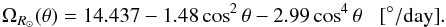 \begin{equation} \Omega_{R_\odot}(\theta) = 14.437-1.48\cos^2\theta-2.99\cos^4\theta\,\,\,\,\,\mathrm{[^\circ/day]}. \label{eq:diffRot} \end{equation}