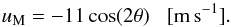 \begin{equation} u_{\rm M} = -11\cos(2\theta)\,\,\,\,\,\mathrm{[m\,s^{-1}]}. \label{eq:mFlow} \end{equation}