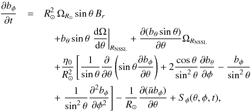 \begin{eqnarray} \frac{\partial b_\phi}{\partial t} & =& R_\odot^2\,\Omega_{R_\odot} \sin\theta\, B_{r} \nonumber\\ &&\quad + b_\theta\sin\theta \left.\frac{\mathrm{d}\Omega}{\mathrm{d}\theta}\right|_{R_{\rm NSSL}} + \frac{\partial (b_\theta\sin\theta)}{\partial\theta}\Omega_{R_{\rm NSSL}} \nonumber\\ &&\quad + \frac{\eta_0}{R_\odot^2}\left[\frac{1}{\sin\theta}\frac{\partial}{\partial\theta}\left(\sin\theta\frac{\partial b_\phi}{\partial \theta} \right) + 2\frac{\cos\theta}{\sin^2\theta}\frac{\partial b_\theta}{\partial\phi}-\frac{b_\phi}{\sin^2\theta} \right. \nonumber\\ &&\quad + \left. \frac{1}{\sin^2\theta}\frac{\partial^2 b_\phi}{\partial \phi^2} \right] - \frac{1}{R_\odot}\frac{\partial ( \bar{u} b_\phi)}{\partial\theta} + S_\phi(\theta,\phi,t), \label{eq:azimuthal} \end{eqnarray}