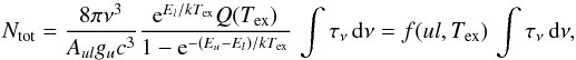 \appendix \setcounter{section}{3} \begin{equation} \label{eq:cdens} N_{\rm tot} = \frac{8\pi\nu^3}{A_{ul} g_uc^3} \frac{{\rm e}^{E_l/kT_{\rm ex}} Q(T_{\rm ex})}{1-{\rm e}^{-(E_u-E_l)/kT_{\rm ex}}} \,\int \tau_\nu \,{\rm d} \nu = f(ul,T_{\rm ex})\,\int \tau_\nu \,{\rm d} \nu, \end{equation}