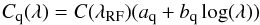 \begin{equation} C_{\rm q}(\lambda) = C(\lamrf) (a_{\rm q} + b_{\rm q}\log(\lambda)) \label{templatewarpeq} \end{equation}