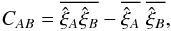 \begin{equation} C_{AB} = \overline{ \hat\xi_{A} \hat\xi_B} - \overline{\hat\xi_{A}} \; \overline{\hat\xi_B} , \label{mocktomockcov} \end{equation}