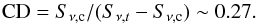 \begin{equation} \label{eq:cd} {\rm CD}=S_{\nu,{\rm c}}/(S_{\nu,t}-S_{\nu, {\rm c}})\sim0.27. \end{equation}