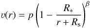 \begin{equation} \label{eq:betafineshift} \varv(r) = p \left( 1 - \frac{R_\ast}{r + R_\text{s}} \right)^{\beta} \end{equation}