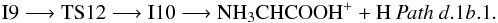 \begin{eqnarray*} \rm I9 \longrightarrow TS12 \longrightarrow I10 \longrightarrow NH_{3}CHCOOH^{+} + H ~{\it Path~ d}.1{\it b}.1. \end{eqnarray*}