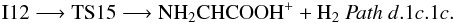 \begin{eqnarray*} \rm I12 \longrightarrow TS15 \longrightarrow NH_{2}CHCOOH^{+} + H_{2} ~{\it Path~d}.1{\it c}.1{\it c}. \end{eqnarray*}