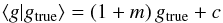 \begin{equation} \label{eq:mcbias} \ave{g|g_{\rm true}}= (1+m)\,g_{\rm true}+c \end{equation}