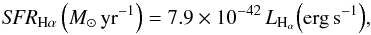 \begin{equation} {{\it SFR}_ {\rm H\alpha}\left(M_\sun\,\rm yr^{-1}\right)} = 7.9\times 10^{-42}\,L_{\rm H_\alpha} \mathrm{\left(erg\,s^{-1}\right)}, \end{equation}